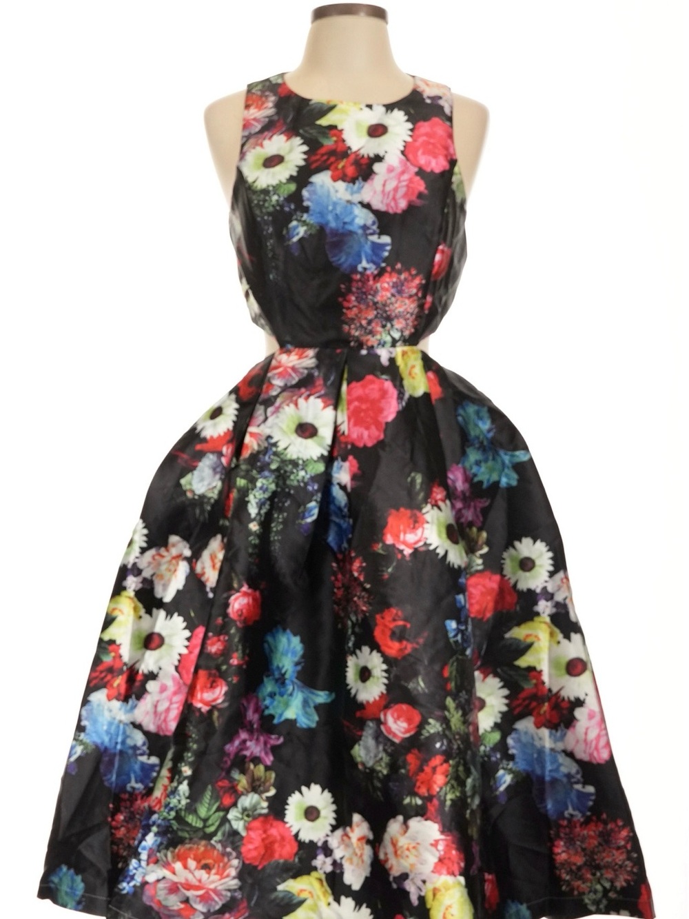 San Joy Black Floral Midi Fit-and-Flare Dress